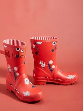 Joules Molly Red Midi Floral Rain boots size 8